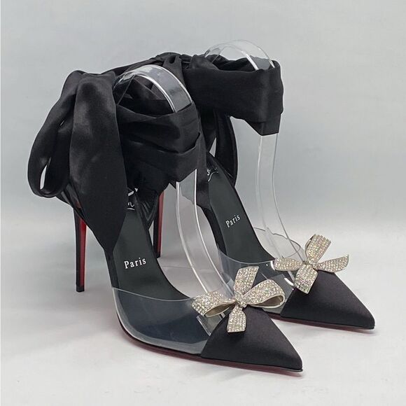 Christian Louboutin ASTRINODO DU DESERT Crystal Bow Silk Tie Heels size 39 - Picture 2 of 11